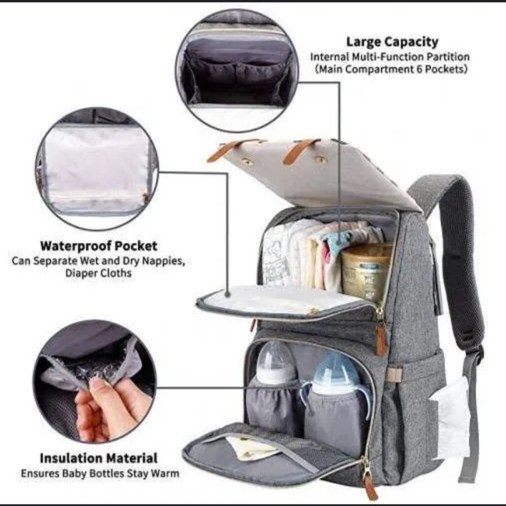 Espidoo Diaper Bag Stylish Gray Backpack with Tan Accents - Picture 7 of 10